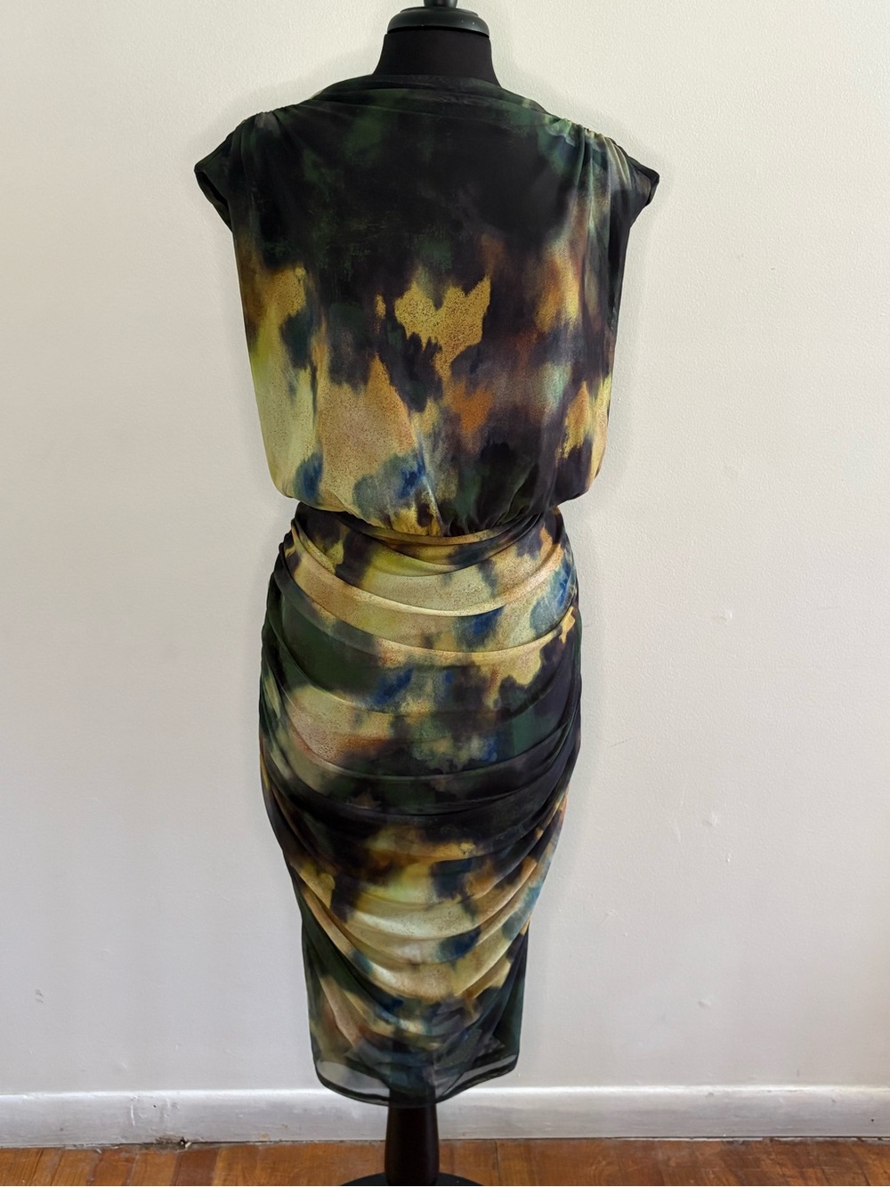 Bar III Olive, Black and Gold Tie-Dye Draped Midi Dress 2X